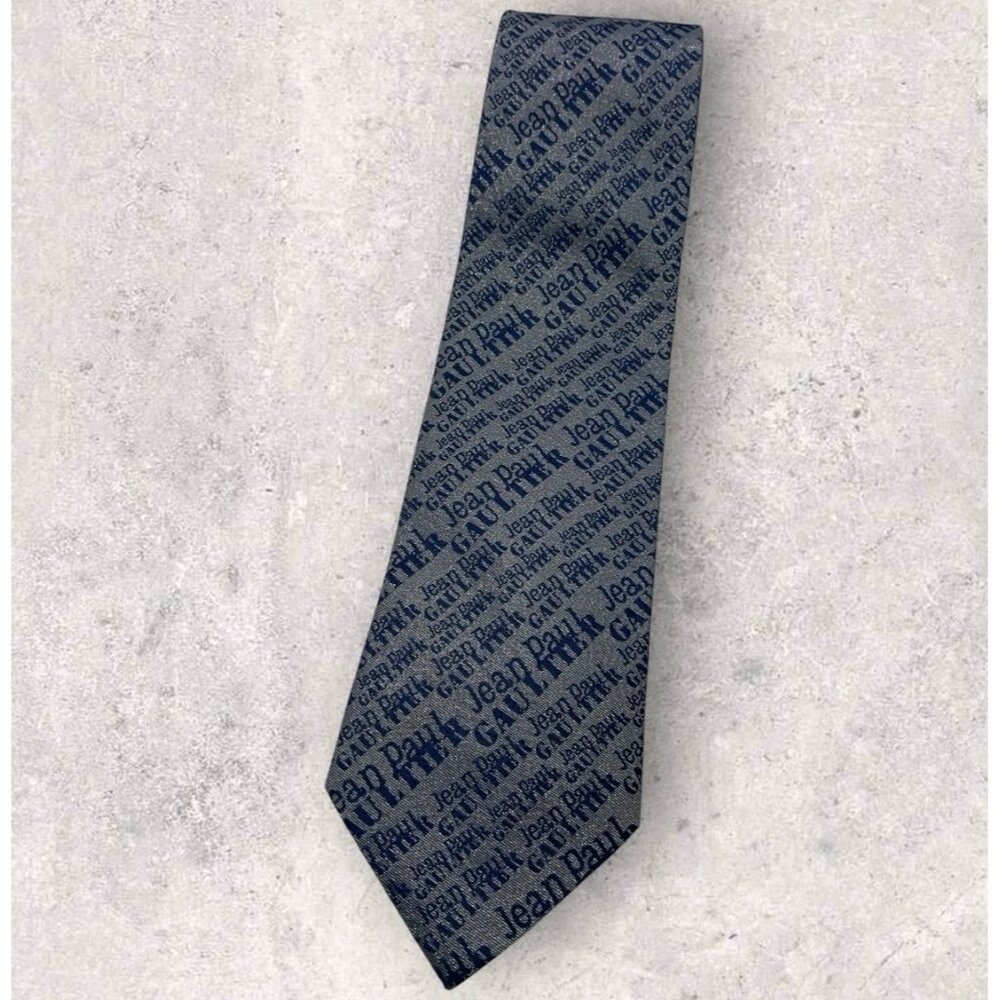 JEAN PAUL GAULTIER Silk Tie ITALY Gray Blue Brilliant Monogram JPG W:3.7" EUC